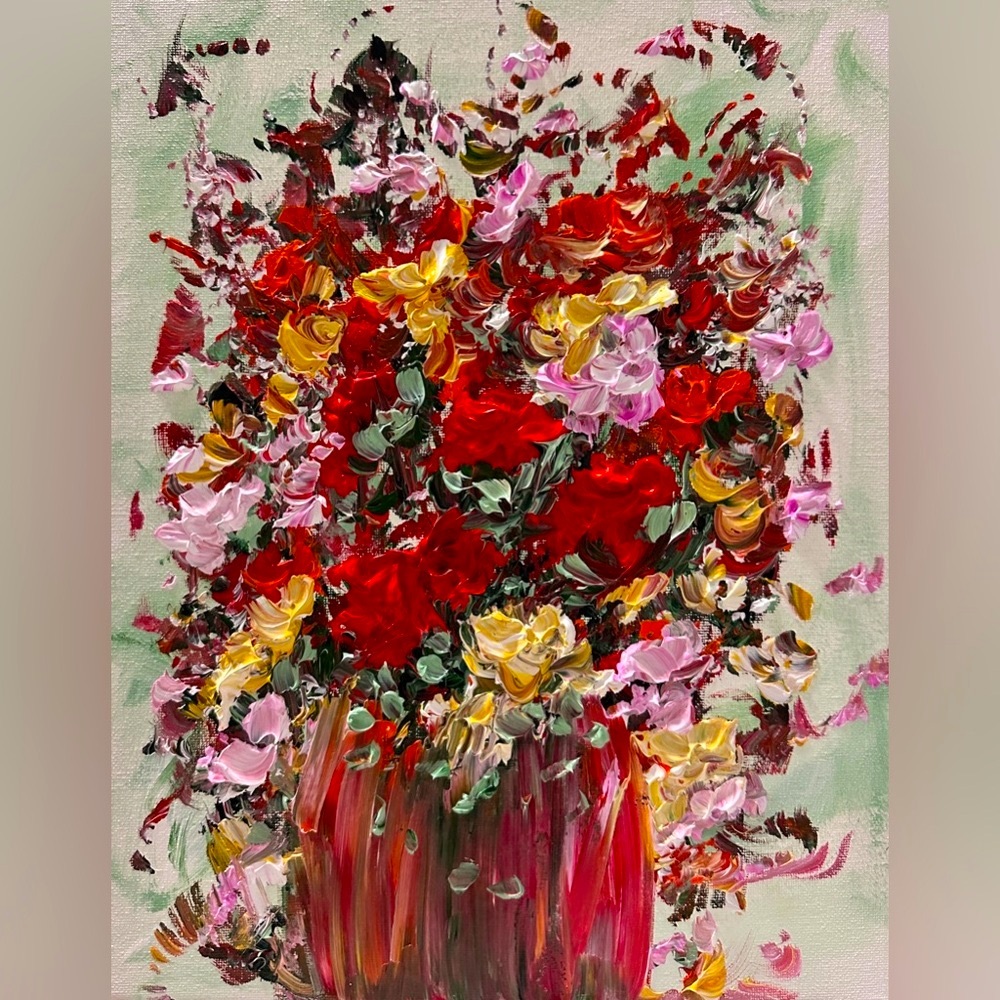 ORIGINAL ACRYLIC FLORAL TEXTURED PAINTING size 16 H x 12 W inch canvas